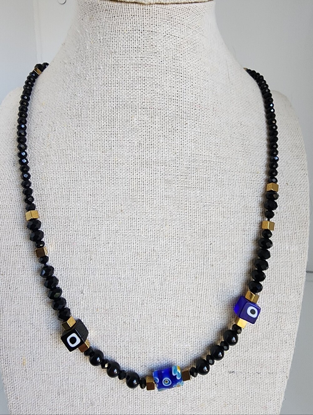Blue Murano Millefiori & Black Agate Evil Eye Necklace Adjustable 18-22"